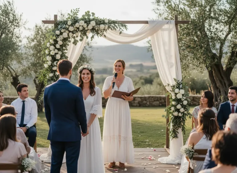 Ein Hochzeitspaar steht vor einer Traurednerin unter einem blumengeschmückten Bogen im Freien.