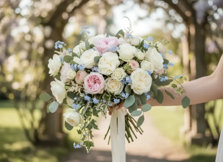 Brautstrauß mit weißen, rosa und blauen Blumen, darunter Rosen und Eukalyptus.