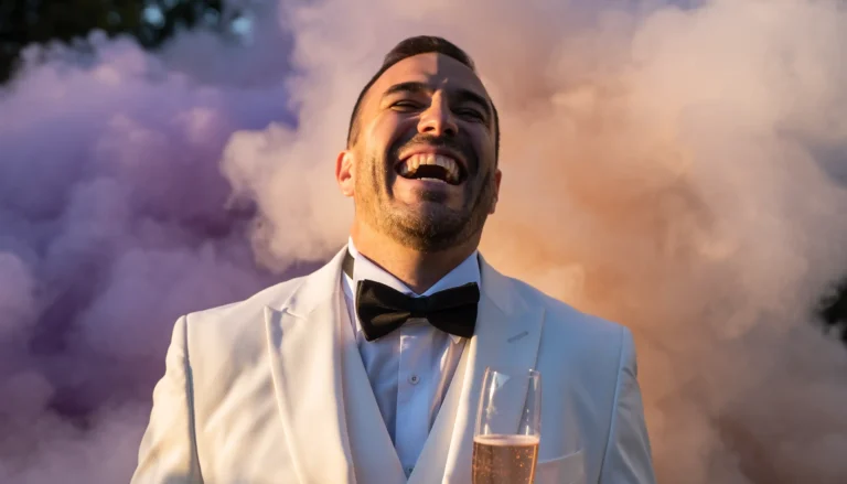 Lachender Mann im weißen Anzug mit Sektglas vor buntem Rauchhintergrund.