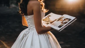 Frau in weißem Kleid hält eine Zeitschrift im Sonnenlicht.