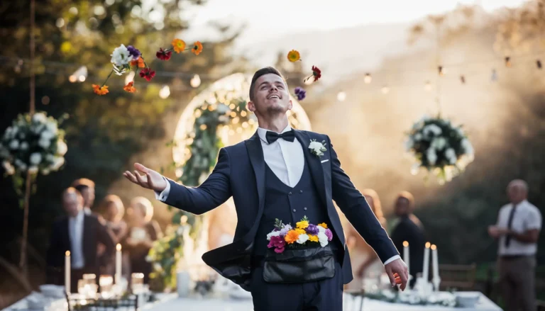 Ein Mann in Anzug wirft Blumen bei einer Hochzeit in die Luft.