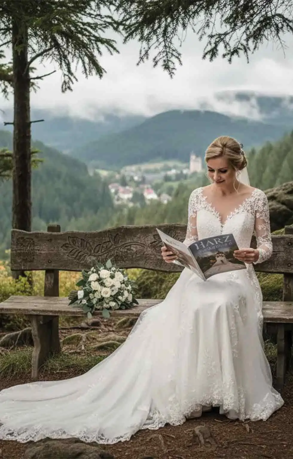 Braut in weißem Kleid liest auf einer Bank im Wald mit Blumenstrauß daneben.