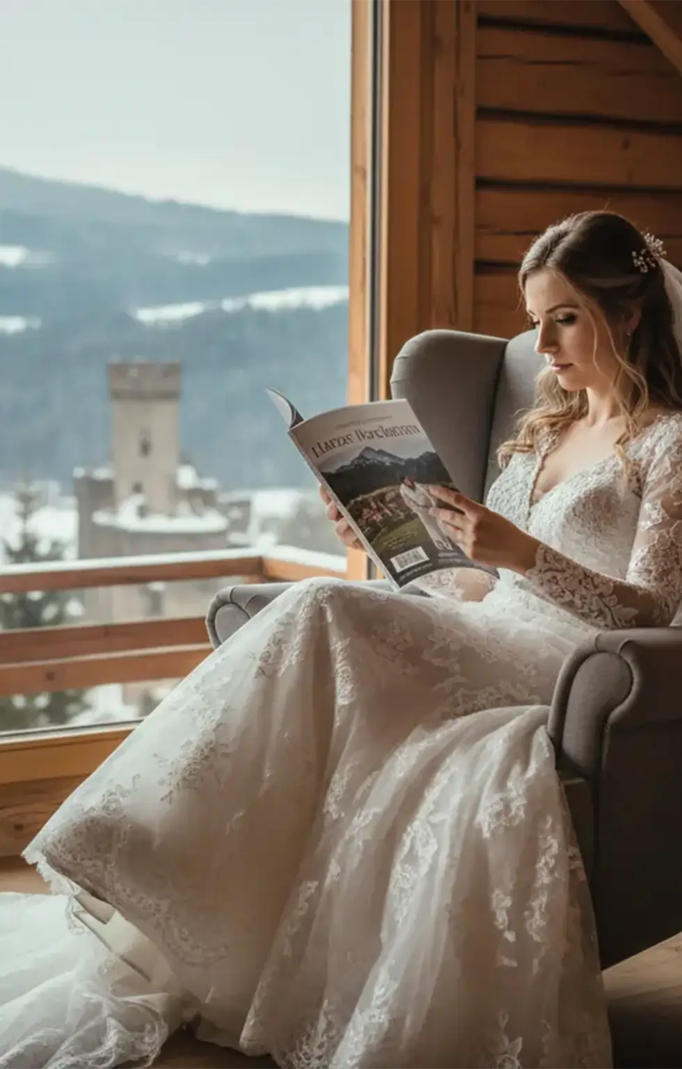 Eine Frau im Brautkleid liest eine Zeitschrift in einem gemütlichen Raum.