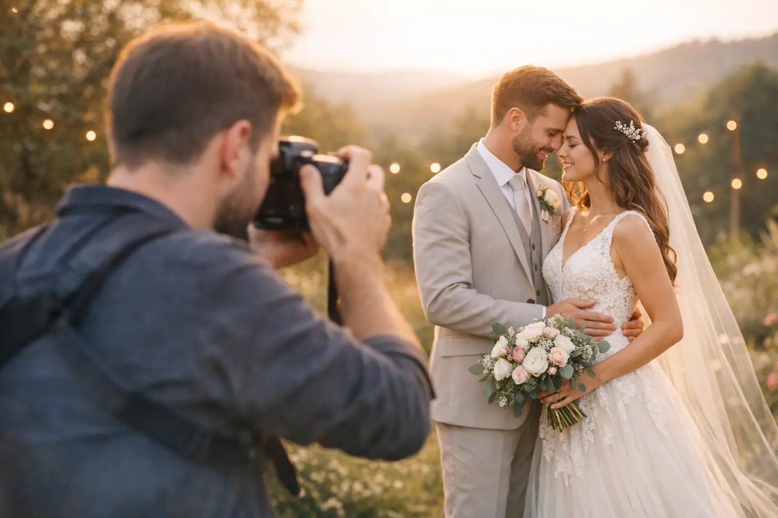 Hochzeitsfotograf fotografiert Brautpaar beim Paarshooting im goldenen Abendlicht in der Natur – romantische Hochzeitsreportage.